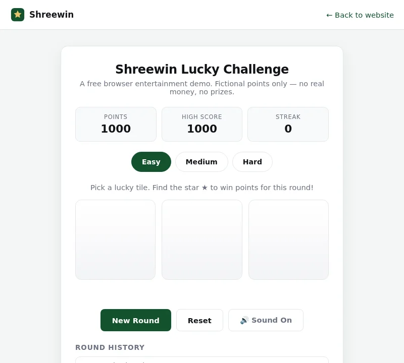 Shreewin Lucky Challenge browser game interface